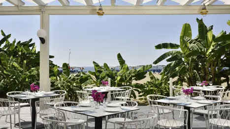Udendørs spiseområde ved stranden 