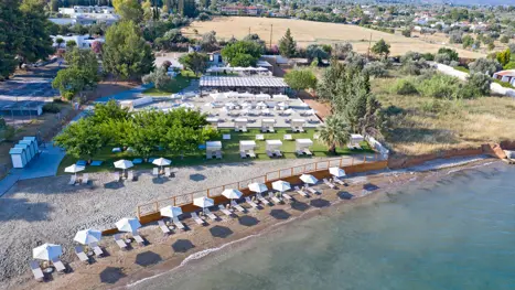 Privat strandafsnit med liggestole, loungeområder og bar