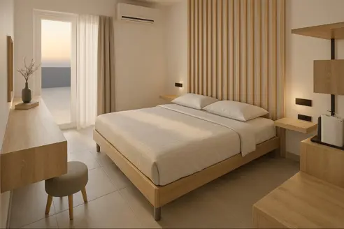 3D eksempel på dobbeltværelse. Forbehold for ændringer. Alle værelser renoveres over vinteren 2025/26.