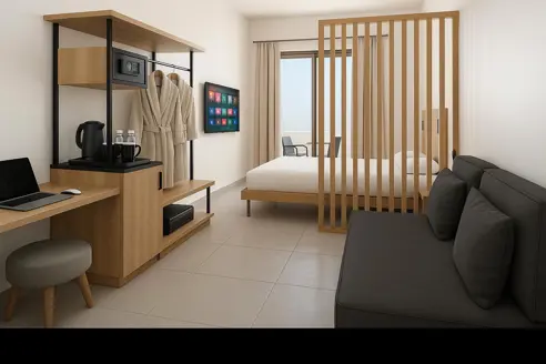 3D-eksempel på dobbeltværelse (2-4 pers). Forbehold for ændringer. Alle værelser renoveres over vinteren 2025/26.