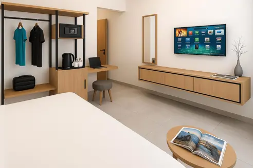 3D eksempel på dobbeltværelse. Forbehold for ændringer. Alle værelser renoveres over vinteren 2025/26.